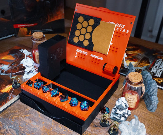 Dice Box – Dungeons & Dragons Ultamite RPG dice box with dice tower, spell tracker, hit point, counter A6 book and full dice set